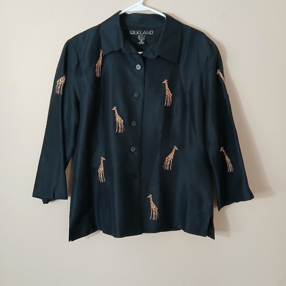 Vintage Silkland Collared Button Down Blouse Top Animal Print Women Sz 12